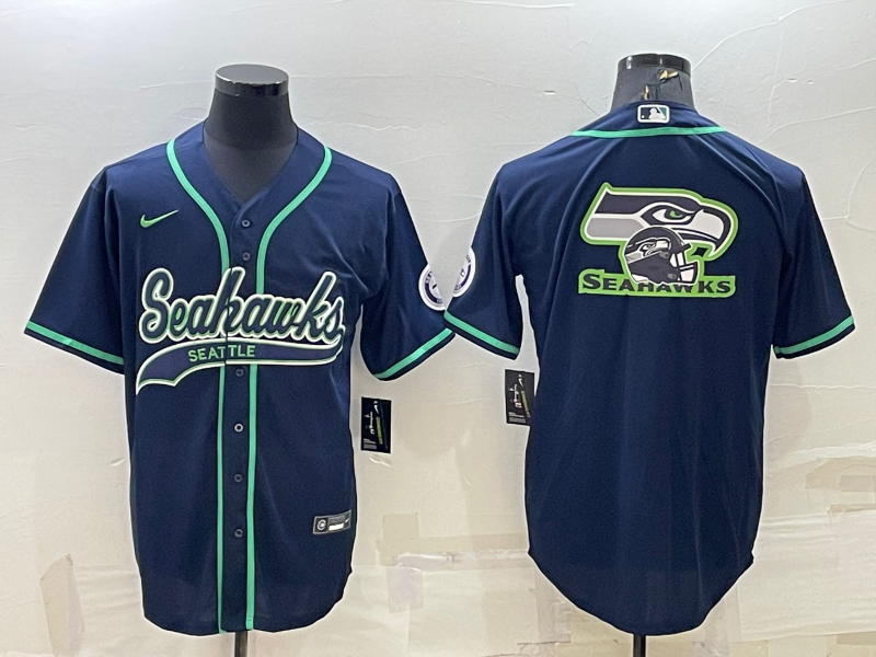 Men's Seattle Seahawks Navy Team Big Logo With Patch Cool Base Stitched Baseball Jersey Men's Seattle Seahawks Navy Team Big Logo With Patch Cool Base Stitched Baseball Jersey